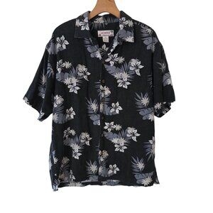 Summa Hawaiian Shirt Tropical‎ Aloha Floral Blue Short Sleeve Rayon Linen Medium